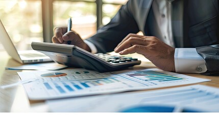 Fototapeta premium accountant working on desk using calculator for calculate finance report in office