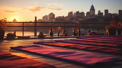 An open-air urban yoga platform, vibrant and inviting, colorful yoga mats aligned neatly, practitioners moving in unison against a backdrop of the city morning
