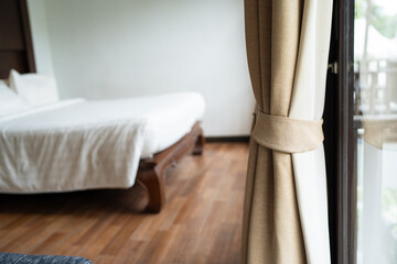 Cozy clean bedroom in tropical resort villa luxury hotel