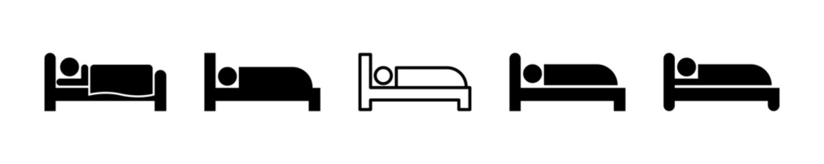 Set of hostel or hotel vector icons. Sleep person on bed. Bedroom symbol.