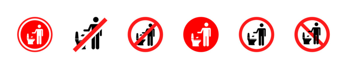 No throw paper or trash on toilet. Set of no toilet littering vector stickers. Prohibition, forbidden and warning signs for WC. Rule for WC.