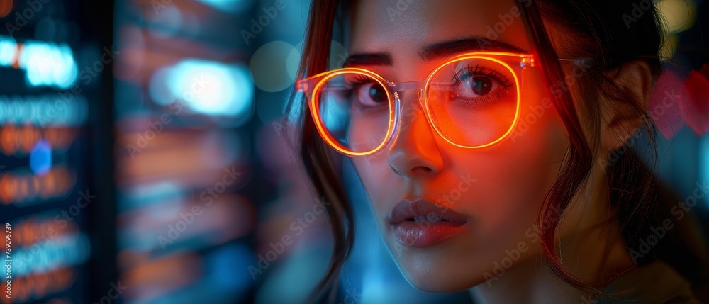 Leinwandbilder Code analytics, information technology, and gdpr overlay with software, data hologram, and woman. Programmer coding or IT person in glasses reading HTML script.