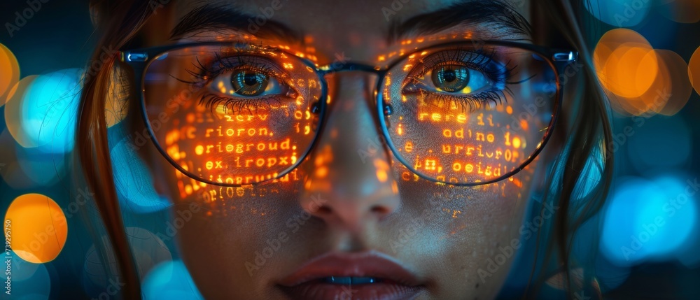 Poster The image depicts a hologram, data analytics, code analytics, and a woman with a GDPRA overlay. An IT person in glasses is reading html script, programming, and cyber security research.