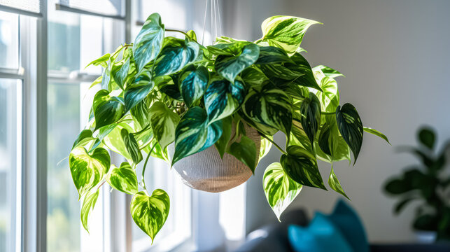 A hanging pot featuring the lush foliage of golden pothos, Epipremnum aureum, adds a touch of greenery and elegance to any indoor space or garden setting. - Powered by Adobe