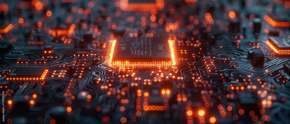 Leinwandbilder Concept Visualization of Advanced Technology: Circuit Board CPU Processor Microchip Inserting Artificial Intelligence Digitalization of Neural Networks. Digital Lines Move Data.
