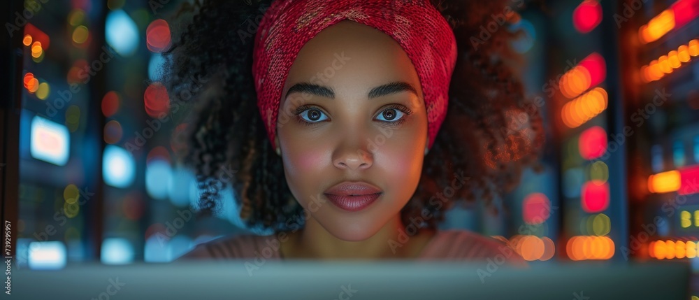 Poster Computers, cybersecurity, and analytics with a black woman programmer troubleshooting computer problems or solving network issues.