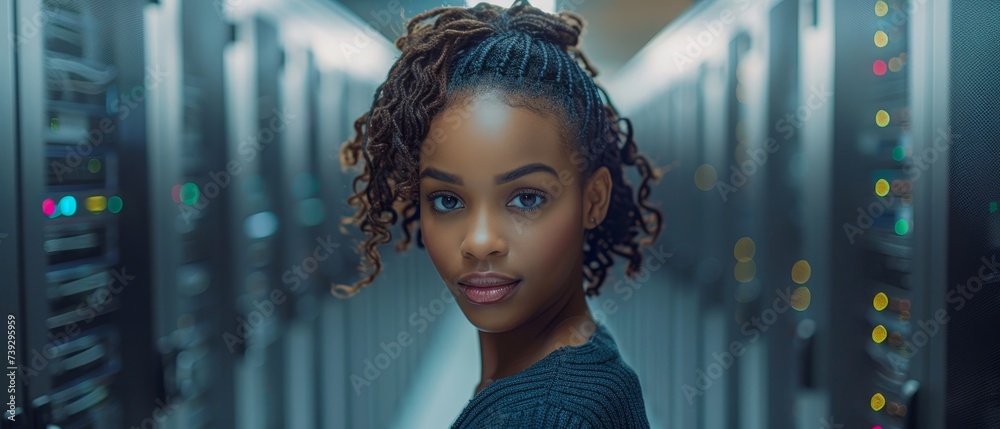 Poster network, data center, and laptop support for a black woman in a dark server room. computer, cybersec