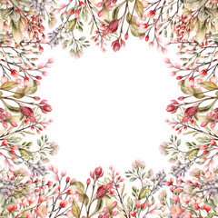Watercolor frame with pink wild spring flowers for Valentines day romantic illustration
