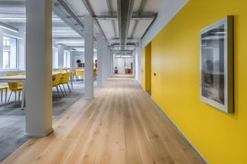 Long hallway with yellow walls and chairs