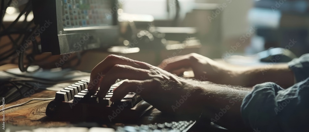Poster A man sitting at a desk typing data code. He is working on a software development project in an office.