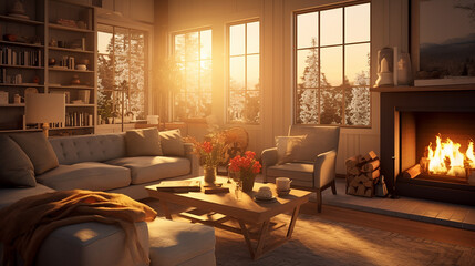 a living room bathed by sunlight. warm living room with fireplace