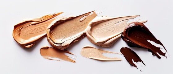 A Close-Up Of Different Tones Of Liquid Foundation, Makeup Product Texture On A White Background. A High Resolution Image.
