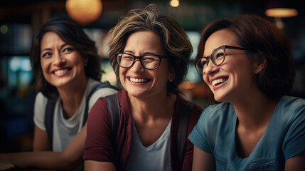 Group of three smiling female friends at cafe having breakfast . Three senior women laugh together - Powered by Adobe