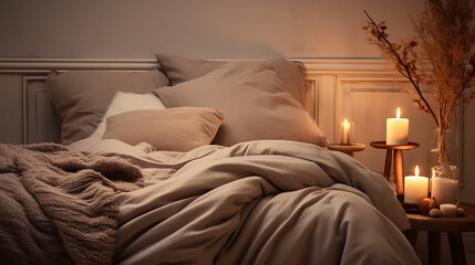 a serene bedroom setting with soft neutral tones. comfortable bedroom with candles