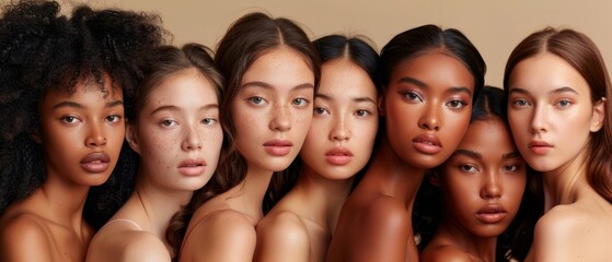 Stunning Multicultural Models Posing On Beige Background. Tender Models From All Over The World Looking At Camera In A Group Picture. Multicultural Models Of Various Skin Types Posing On Beige