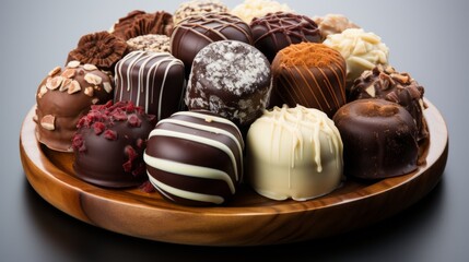 An assortment of gourmet chocolates, truffles, and pralines, artfully arranged against a white isolated background, showcasing their rich colors and tempting te
