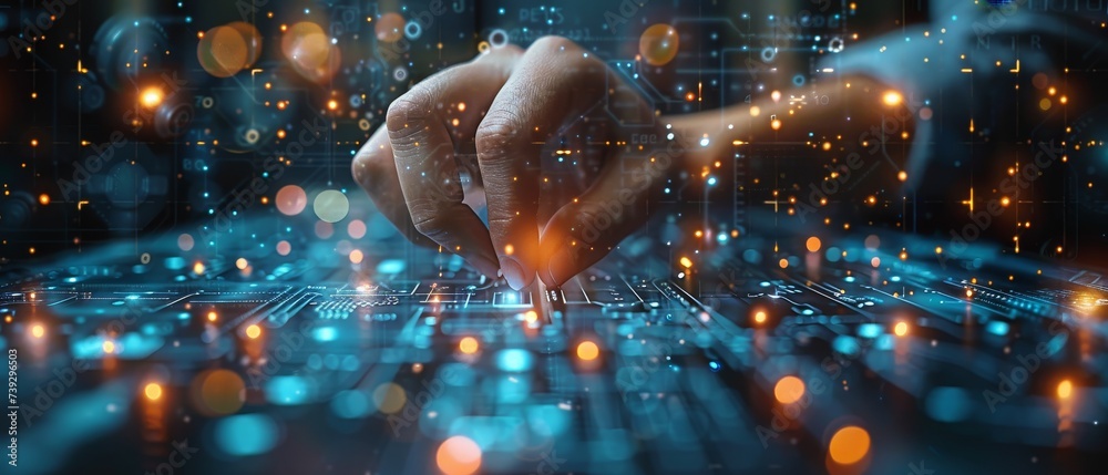 Poster An entrepreneur touches the next generation technology on digital data networks for cyberspace, the Internet, digital software development, algorithms, and metaverses.