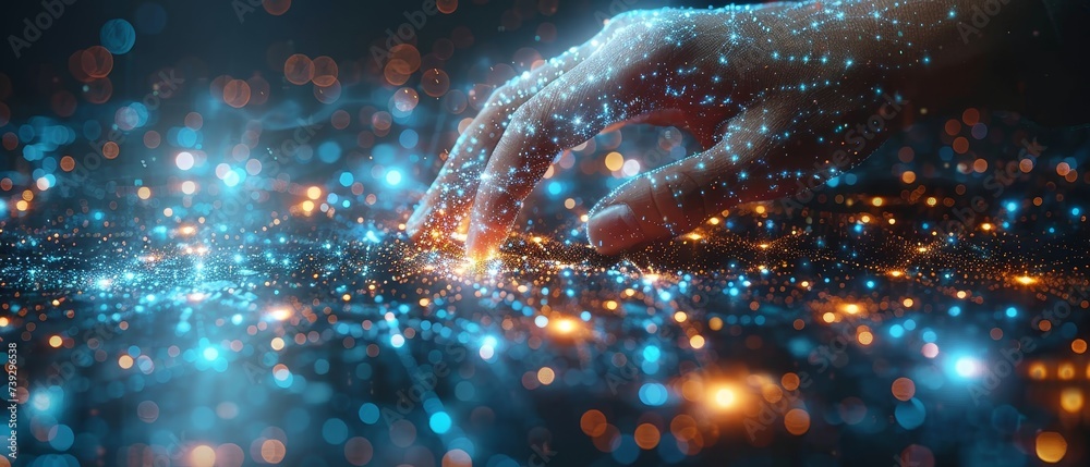 Poster The hand touching of a businessman regarding digital data network transformation for next generation technology in cyberspace, the Internet network, digital software development, algorithms, the
