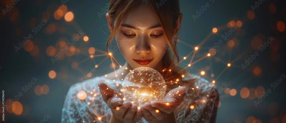 Poster Hand holding a virtual global internet connection metaverse. Business global internet connection application technology and digital marketing, financial and banking, technology of digital banking, big
