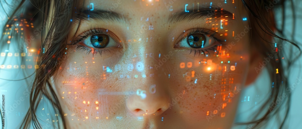 Leinwandbilder Software Developer Working on Innovative e-Commerce App using AI, Big Data Projected on Her Face and Reflected. Asian Female Startup Digital Entrepreneur on Computer with Line of Code Projected on Her