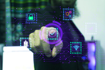 Person using futuristic augmented reality interface with icons for security and connectivity technology background.