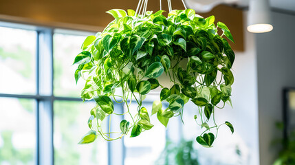 A hanging pot featuring the lush foliage of golden pothos, Epipremnum aureum, adds a touch of greenery and elegance to any indoor space or garden setting.