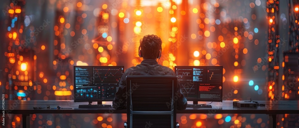 Poster Engineer Programming at His Workstation. Man Plans and Expands the Enterprise's Network Structure at His Office.
