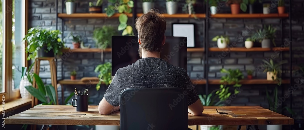Poster Man Plans and Performs Operations at his Office to Expand the Network Structure of the Enterprise. System Administration and Machine Learning Engineer Programming at His Workstation.