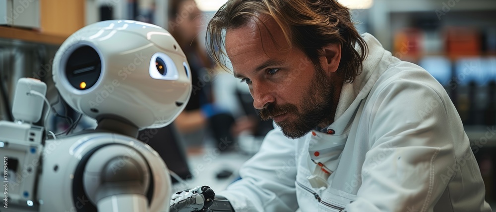 Aufkleber Multiethnic Robotics Engineer discussing Robot Dog concept with Project Manager in High Tech Research Facility. Professional Industrial Scientists working in the background.