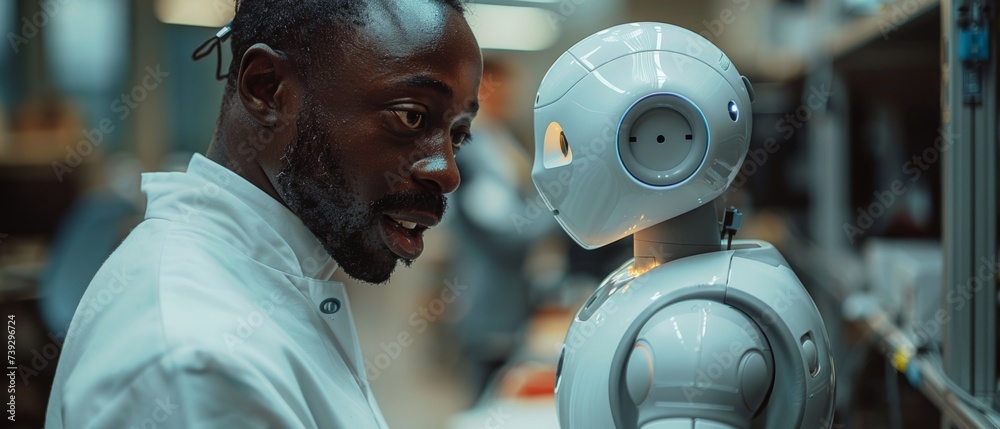 Aufkleber Engineers from several ethnicities discussing a robot dog concept with engineers from a high-tech facility. Industrial scientists work behind the engineers.