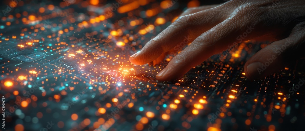 Poster Data science and big data technology with a person touching the data on a virtual screen. Business analytics, artificial intelligence, machine learning. Engineer or scientist analyzing data streams.
