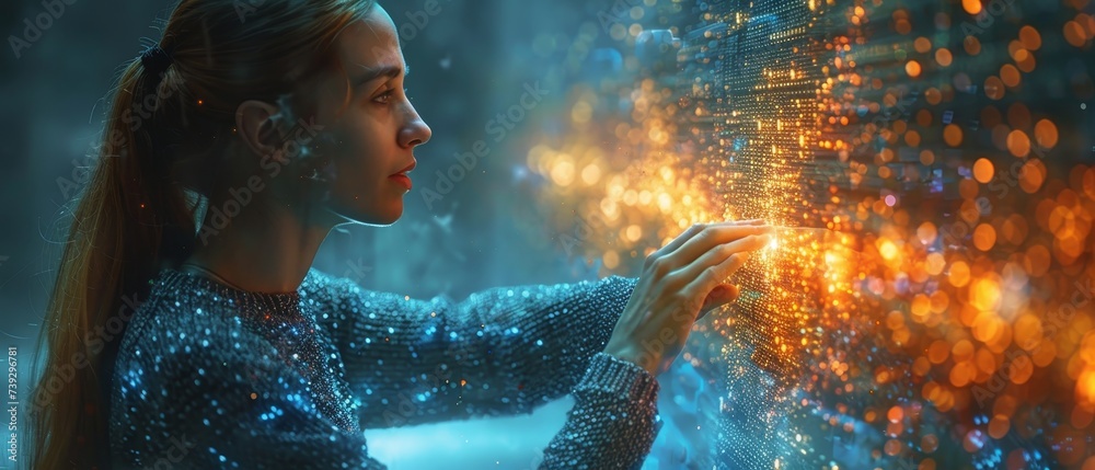 Poster In a big data world, data scientists and engineers touch virtual screens to analyze stream of data. Business analytics, artificial intelligence, machine learning, engineer analyzing stream of data.