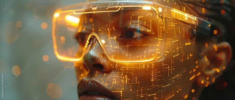 Aufkleber In the video, a person wears glasses to interact with objects in the metaverse, demonstrating perception of the virtual world through a touch of an object. Futuristic tone in the video.