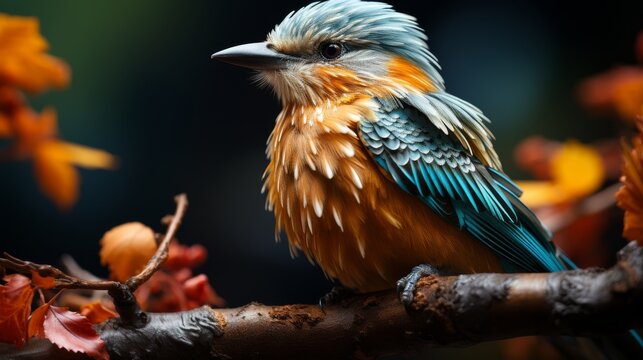 Close-up of a colorful bird perched on a branch in a dense forest, intricate feather details, a moment of tranquility, Photography, macro lens for detailed text