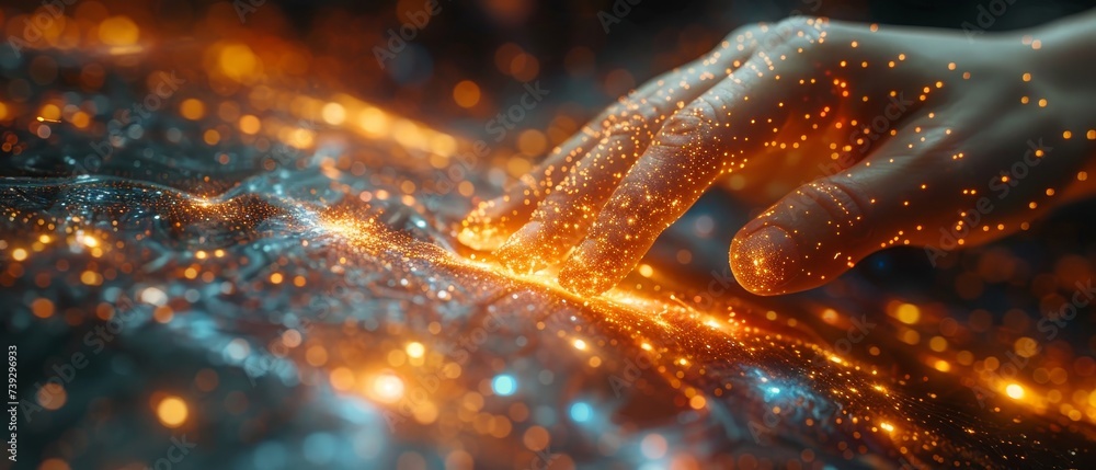 Poster data concept. artificial intelligence. business woman hand touching. future of cyberspace. science a