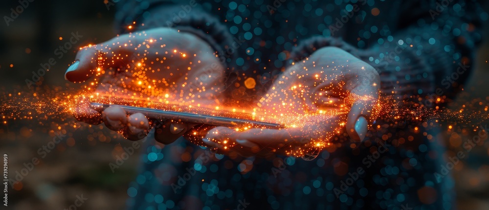 Poster Blockchain and Metaverse technologies concepts. Person experiencing a virtual world through a smart phone. Futuristic tone. Conceptual photograph.