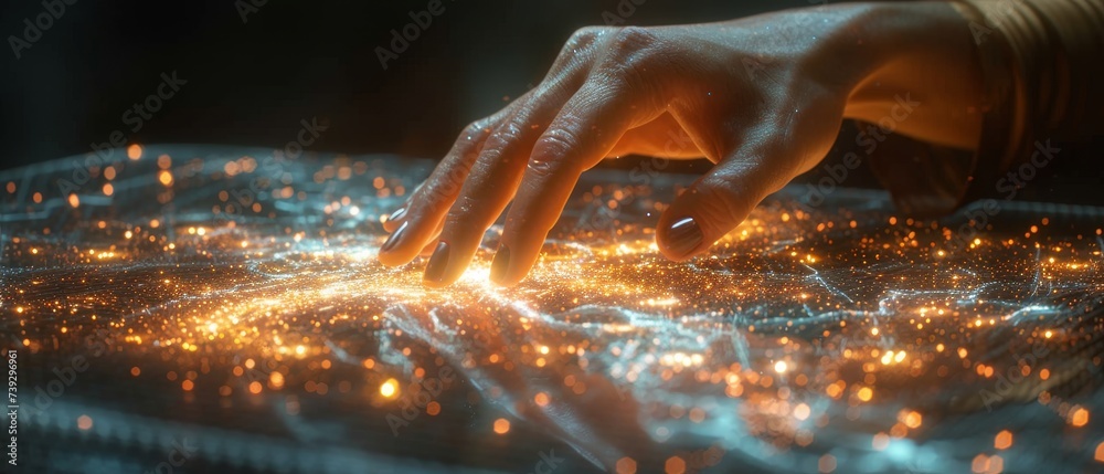Aufkleber a digital neural network concept. a business woman touching an introduction to artificial intelligen