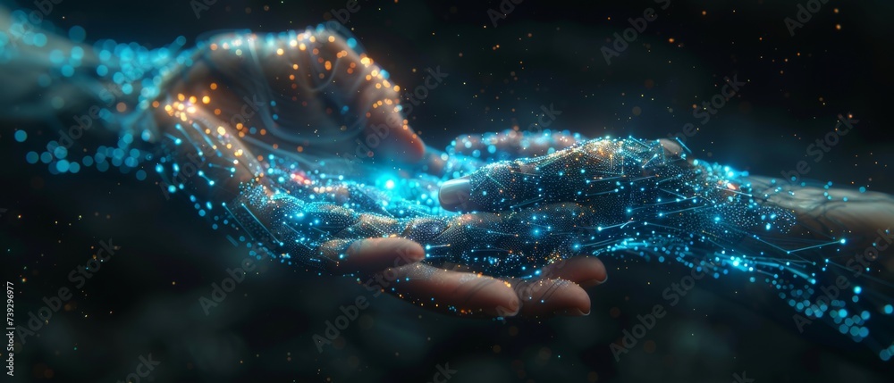 Poster In the future, AI, Machine Learning, Multiple robots and humans touching big data of global networks, Internet and digital technology, and Science and Artificial Intelligence technologies are very
