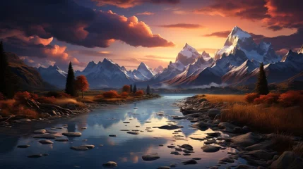 Foto op Canvas Breathtaking view of a mountain range at sunset, sky ablaze with vivid oranges and pinks, casting long shadows over the peaks, Photography, wide-angle lens to c © ProVector