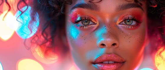 Stunning high fashion model woman in colorful neon lights posing in a studio, club. Art design colorful make up on colorful vivid background.