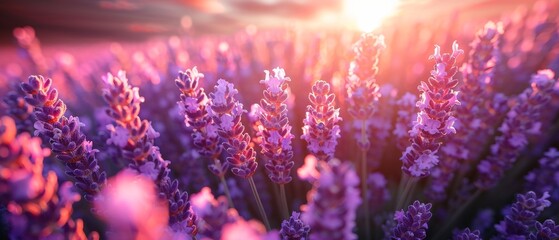 Field of lavender flowers, blooming violet fragrant lavender flowers, swaying on wind over sunset sky, harvest, perfume ingredient, aromatherapy. Lavender field, fragrance ingredient. - obrazy, fototapety, plakaty
