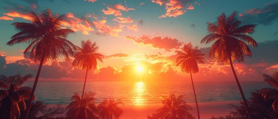 Foto auf Acrylglas Sonnenuntergang am Strand Tropical beach with palm trees and beautiful sky. Travel, tourism, vacation concept background. Mexico. Coconut palm silhouettes over tropical sun.