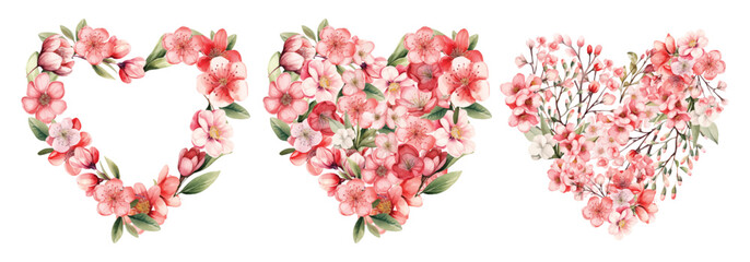 Watercolor floral heart with pink wild spring flowers for Valentines day romantic illustration
