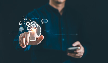 Man using AI tools with smartphone. Concept of Artificial Intelligence technology smart robot and innovation futuristic, Cybersecurity global connection access to information and data online network