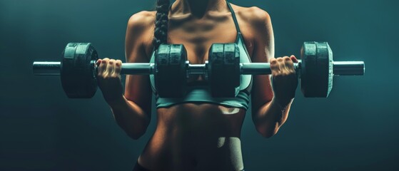 An image of a young fit woman lifting dumbbells on a dark background - obrazy, fototapety, plakaty