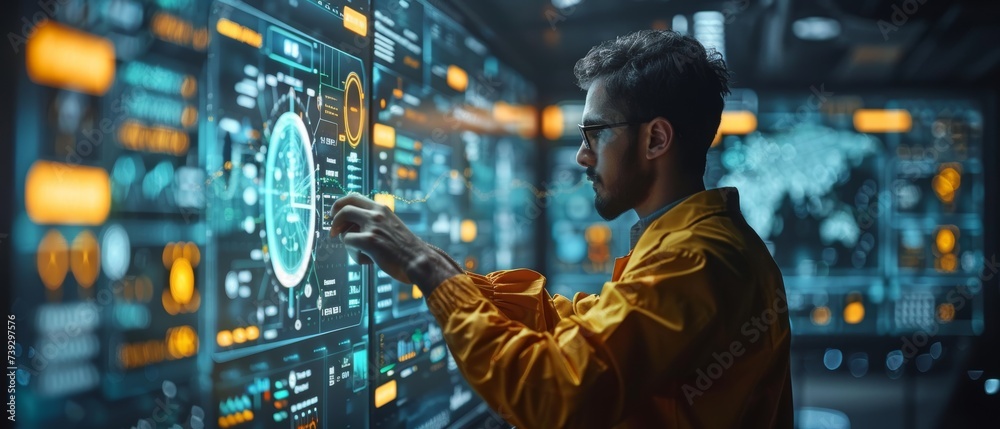 Fototapete Using virtual touch screens to analyze financial graphs is a future technology solution for business development involving data science, business analysis and strategy, and big data.