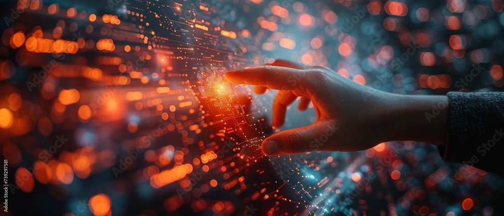 Poster Using a virtual touch screen to analyze financial graphs, a futuristic technology solution for business development, data science, business analysis, and strategy.