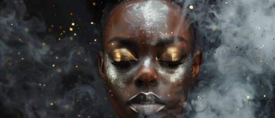A young black woman wears silver and gold make-up and body art against a black background