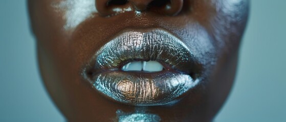 A young African American woman with silver lips wearing fashion makeup