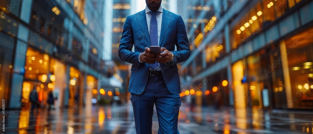 Poster the businessman uses a mobile phone to connect to the internet and perform digital marketing, financ
